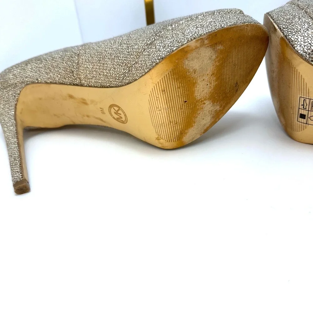 Michael Kors Gold Glitter Peep Toe Platform Pumps Stiletto Heels‎ Womens 9M
